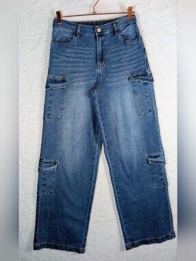 Madden NYC Wide Leg Cargo Denim Jeans - Medium Blue
